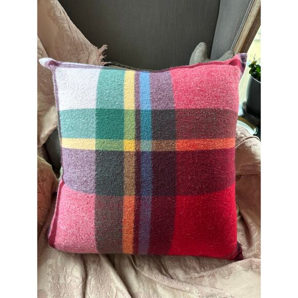 WILLIAMS SONOMA wool plaid pillow pink red green 20x20”with down feather insert - Picture 5 of 14
